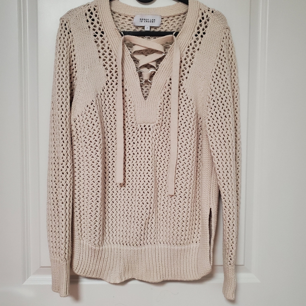 Derek Lam 10 Crosby Women's Beige Crochet Lace-Up Pullover Sweater Large